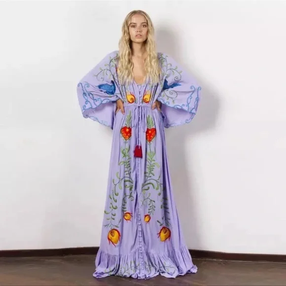 5 Star ⭐️ Maxi Dress Kimono Bohemian Embroidered Lilac Hearts Magic Gown, NOW IN - Picture 1 of 4